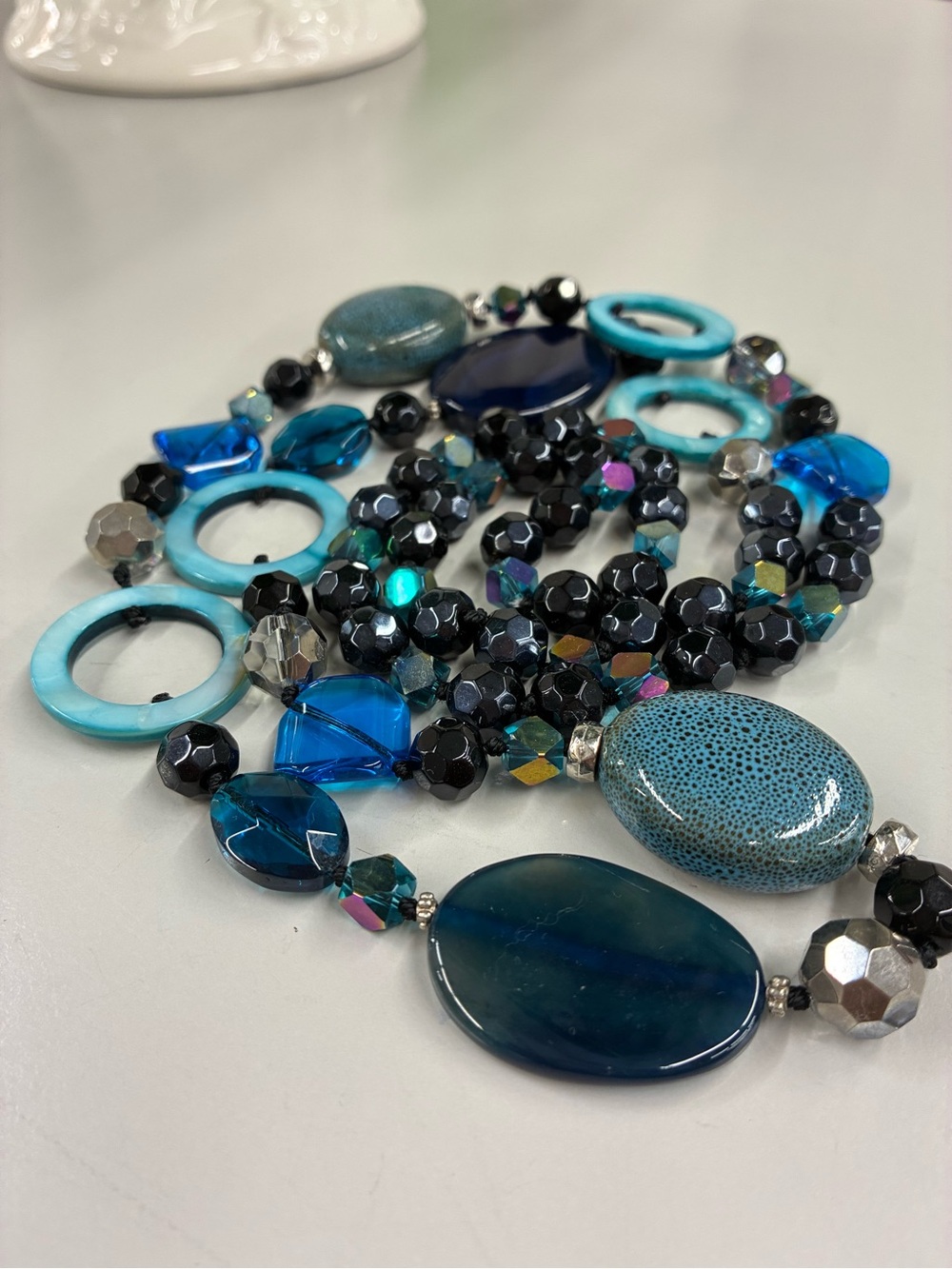 Artisan Sapphire Blue Glass Pottery Multi-Bead Statement Necklace - Picture 4 of 11